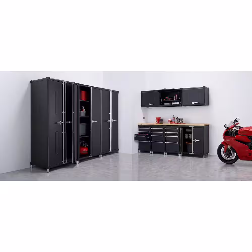 TRINITY PRO 192 in. W x 75.7 in. H x 24 in. D 18-Gauge Steel Garage Cabinet Drawer Set in Black with Solid Wood Top (11-Piece)