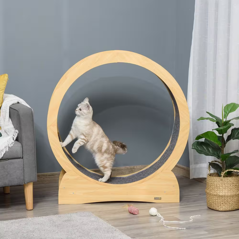 PawHut Natural Wood Color Small/Medium Cat Wooden Cat Exercise Wheel Treadmill Cat Tree