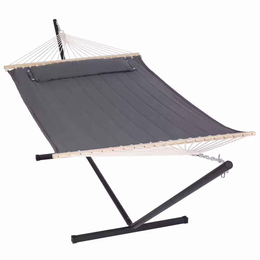 Atesun 12 ft. Free Standing, 475 lbs. Capacity, Heavy-Duty 2-Person Hammock with Stand and Detachable Pillow in Dark Grey