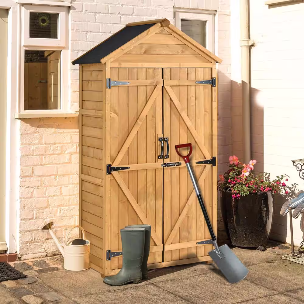 None 2.95 ft. W x 1.87 ft. D Wood Shed with Waterproof Asphalt Roof, Lockable Doors, 3-Tier Shelves, Natural (17.4 sq. ft.)