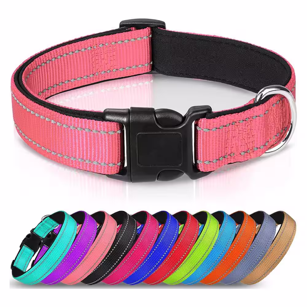 None Reflective Dog Collar Soft Breathable Nylon Pet Collar Adjustable for Large Dogs, Hot Pink, L