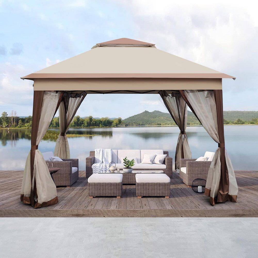 None 11 ft. x 11 ft. Outdoor Coffee 2-Tier Soft Top Event Tent Pop Up Gazebo Canopy with Removable Zipper Netting