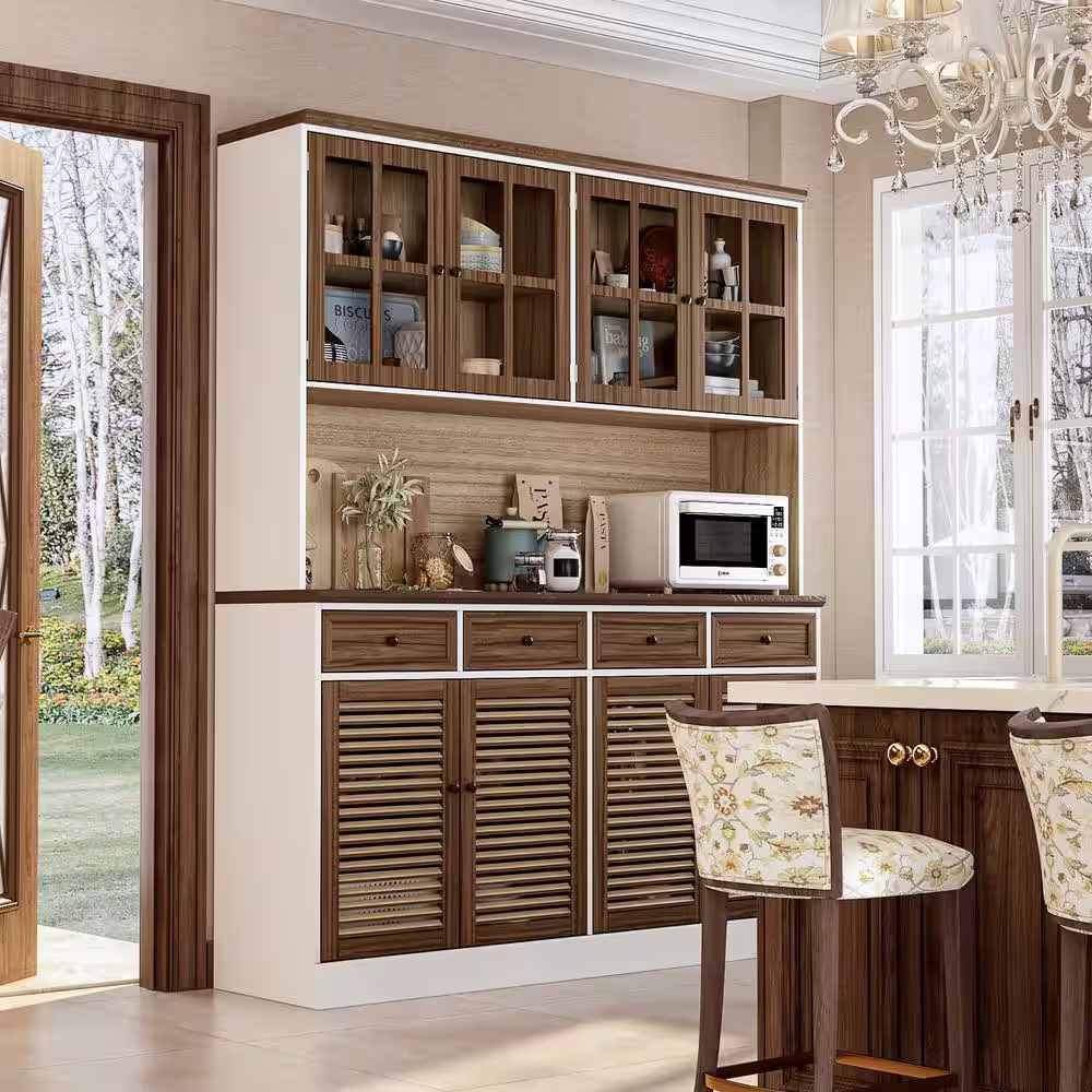 None Brown Wood 61.3 in. W Sideboard Buffet Hutch Kitchen Cabinet Food Pantry With Louvered Doors and Adjustable Shelves