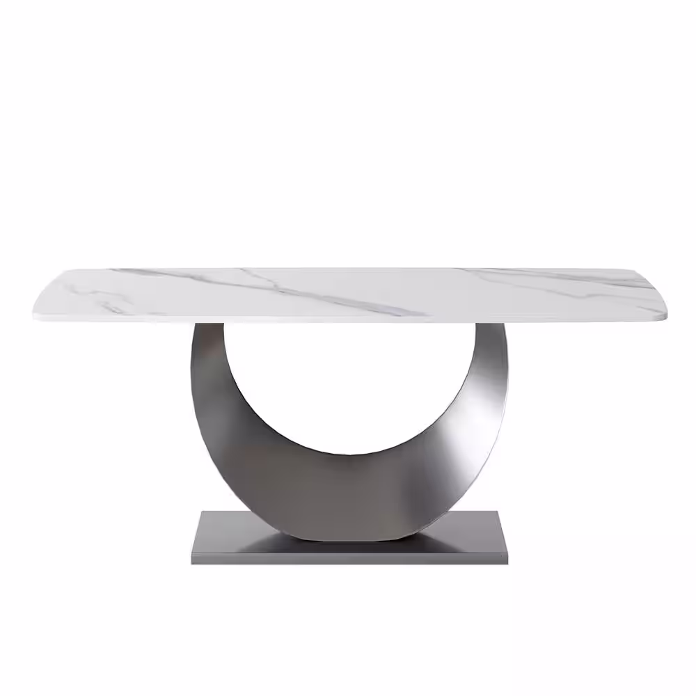 Magic Home 70.87 in. White Sintered Stone Tabletop Gunmetal Gray Pedestal Leg Dining Table with Anti-Collision Arc Corner (Seats 6)