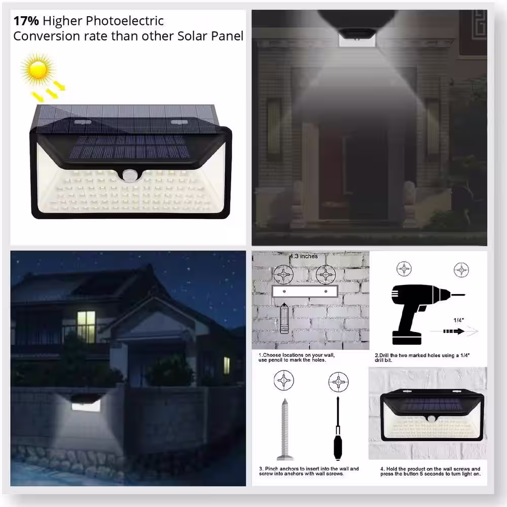 WBM SMART 100 LED Outdoor Lights, 11.8 in. Upgraded Solar Panel Wall Lamp-Black (2-Pack)