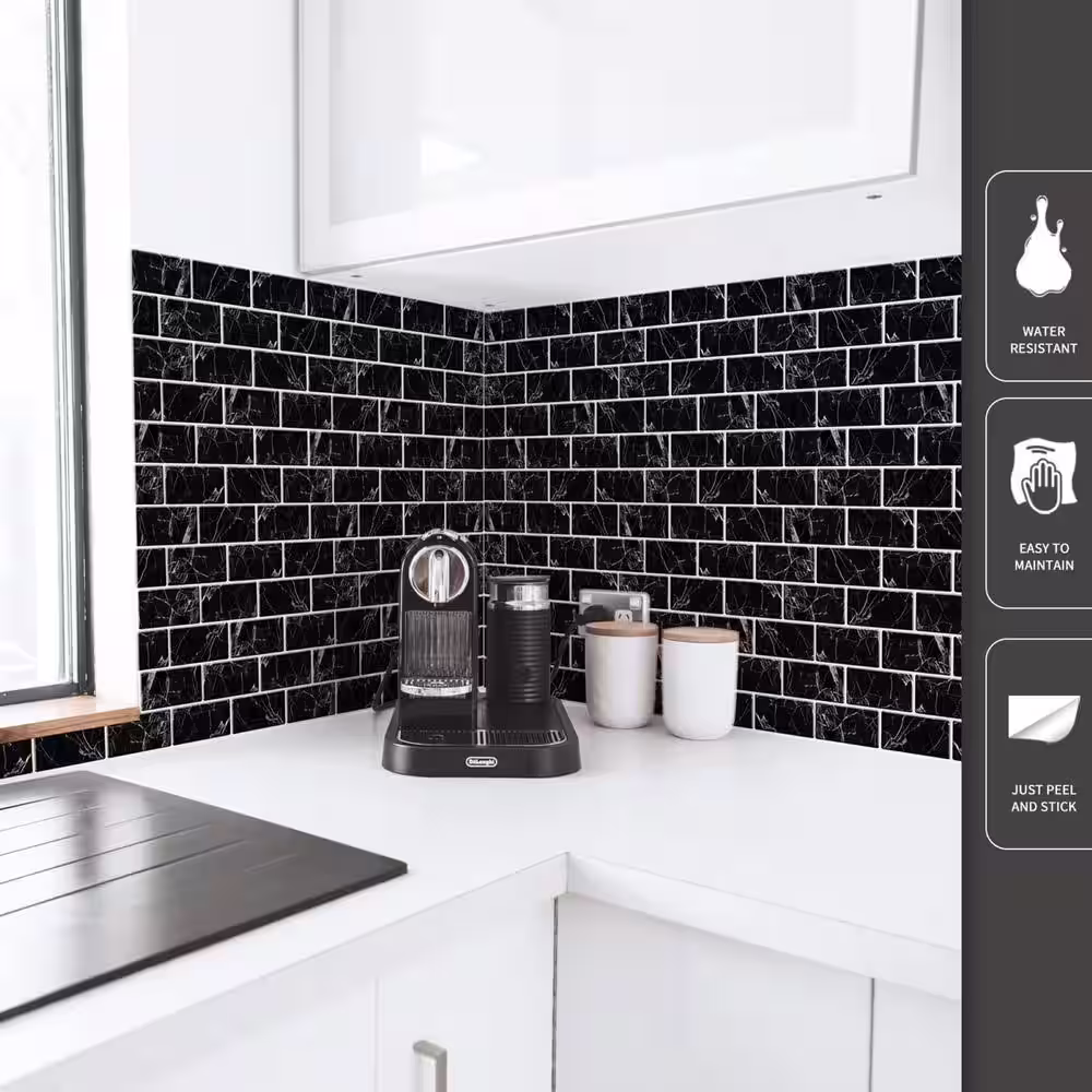 Art3d Marble Design Black 12 in. x 12 in. Vinyl Peel and Stick Tile 10-Sheets (8.2 sq. ft./Box)