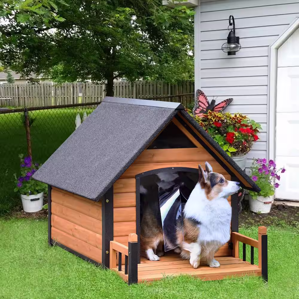 None Outdoor Dog House with Porch Strong Iron Frame, Brown