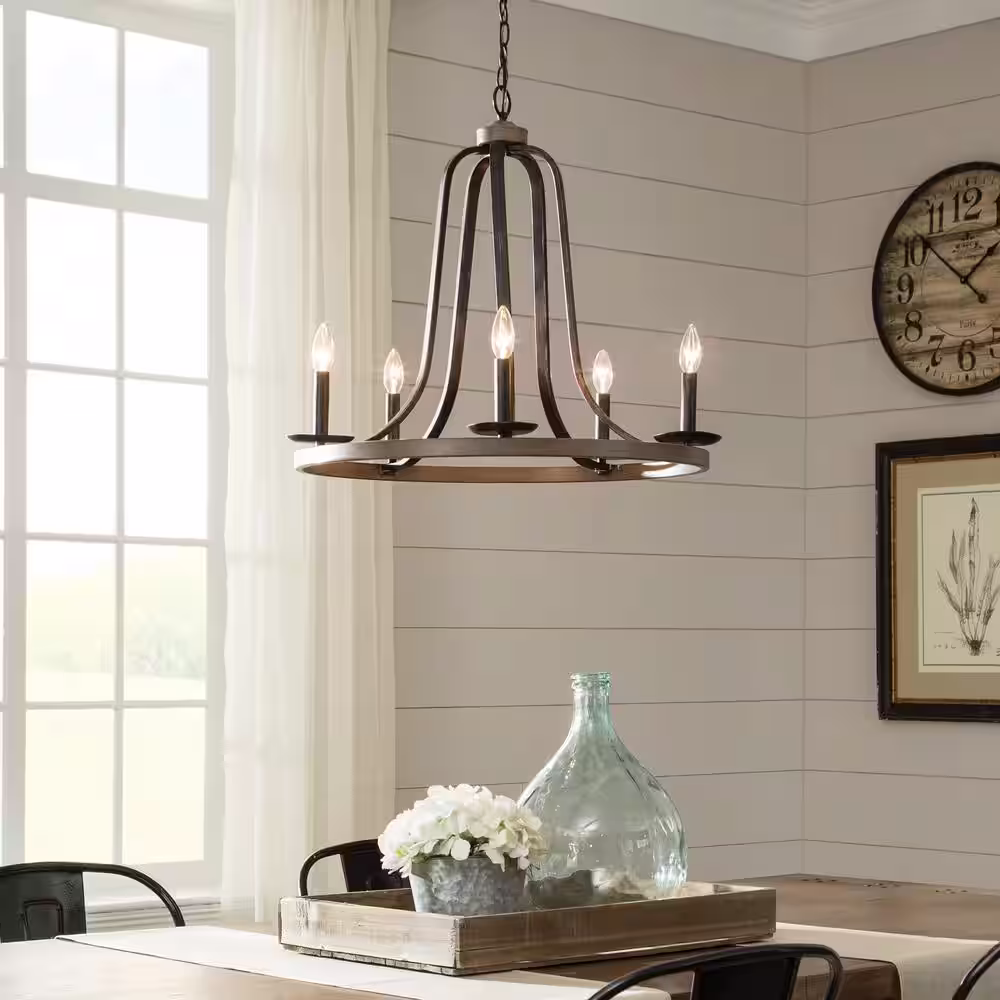 Generation Lighting Conal 5-Light Weathered Gray Wagon Wheel Rustic Farmhouse Bell Candlestick Chandelier with Distressed Oak Finish Accents