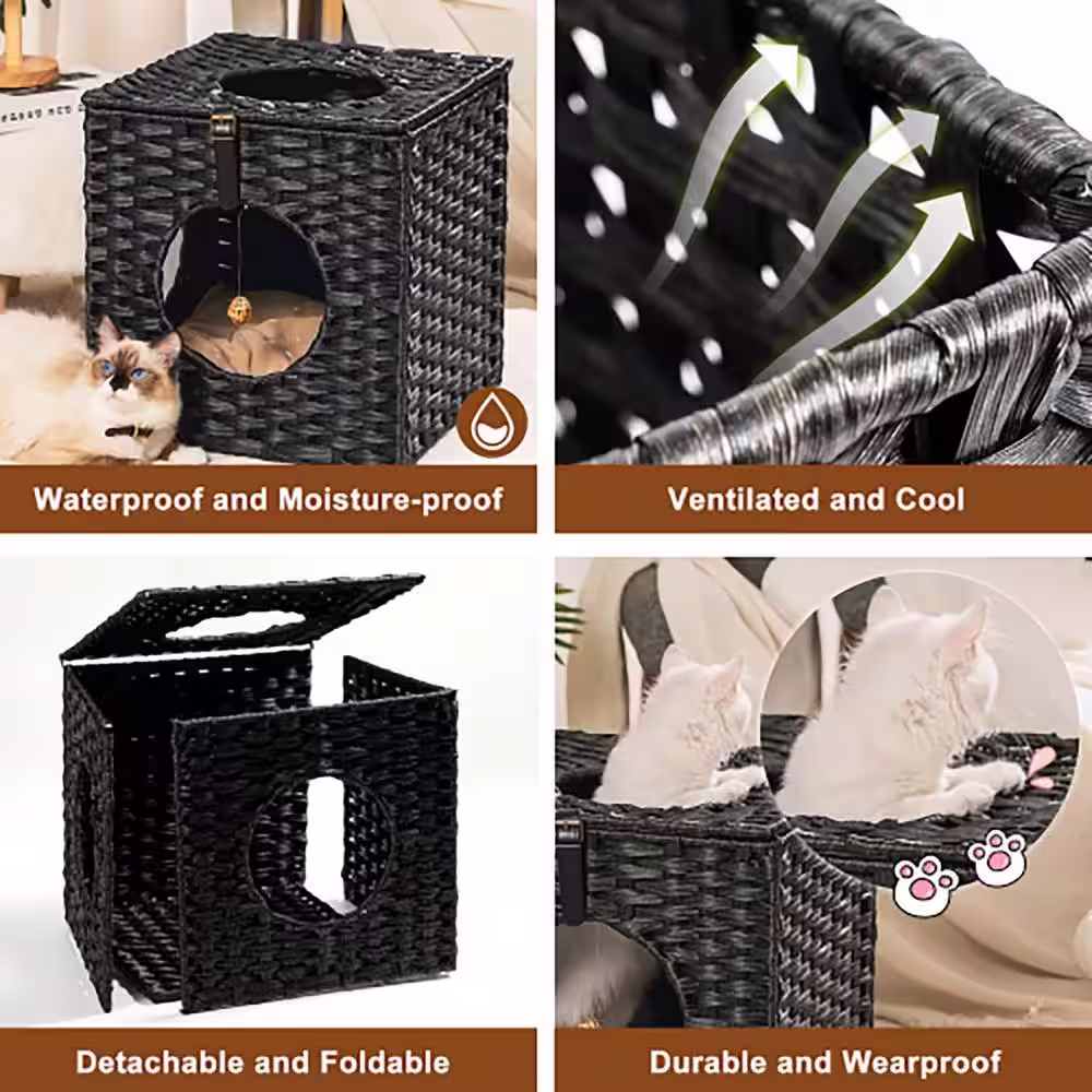 Foobrues Rattan Cat Litter Cat Bed Cat House in Black