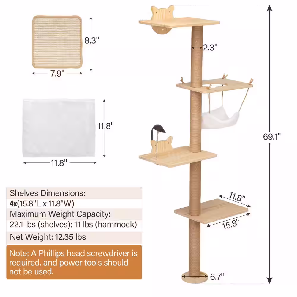 None Wall-Mounted Cat Scratching Pad for Small to Large Cat, Indoor Wood Cat Tree with Hammock, Cat Scratcher Perch