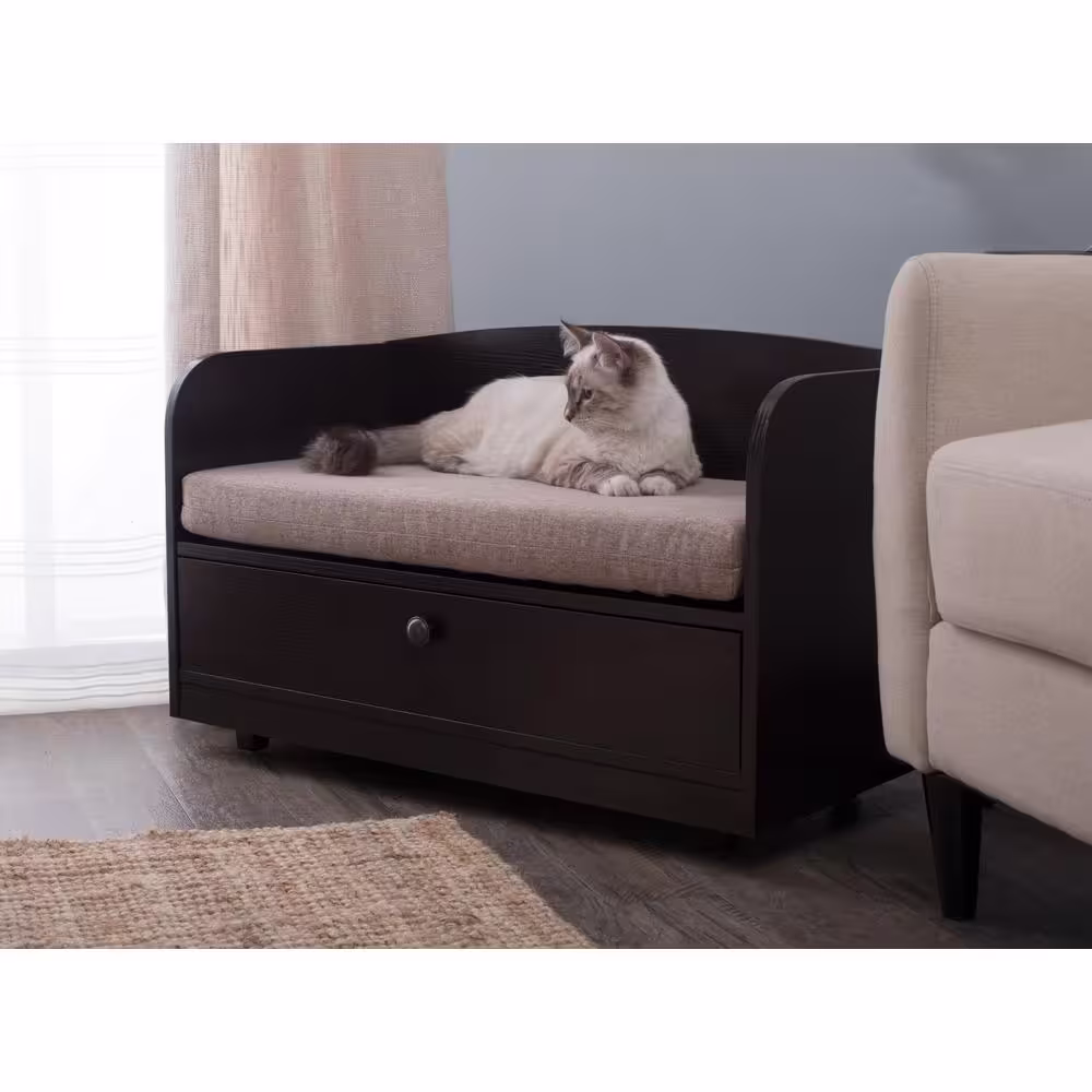 Paws & Purrs 31.5 in. W Pet Toy Storage Pull-Out Drawer with Sofa Bed, Espresso Melamine Finish and Sand Brown Removable Cushion