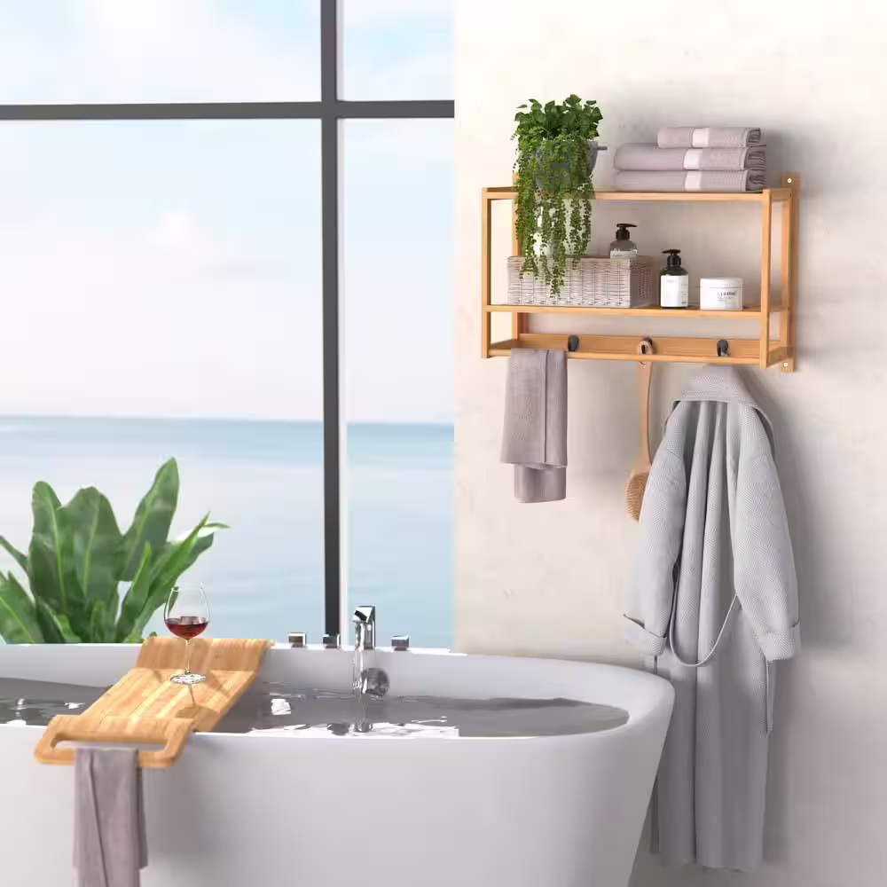 ClosetMaid 23.6 in. W Bamboo Wall-Mounted Wood Shelving with Hooks