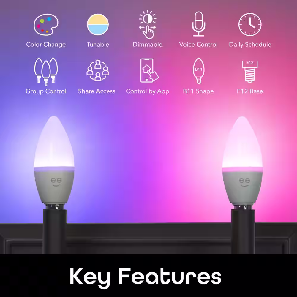 Geeni 40-Watt Equivalent Wi-Fi Smart B11 Edison Multicolor Tunable White LED Light Bulb(4-Pack)