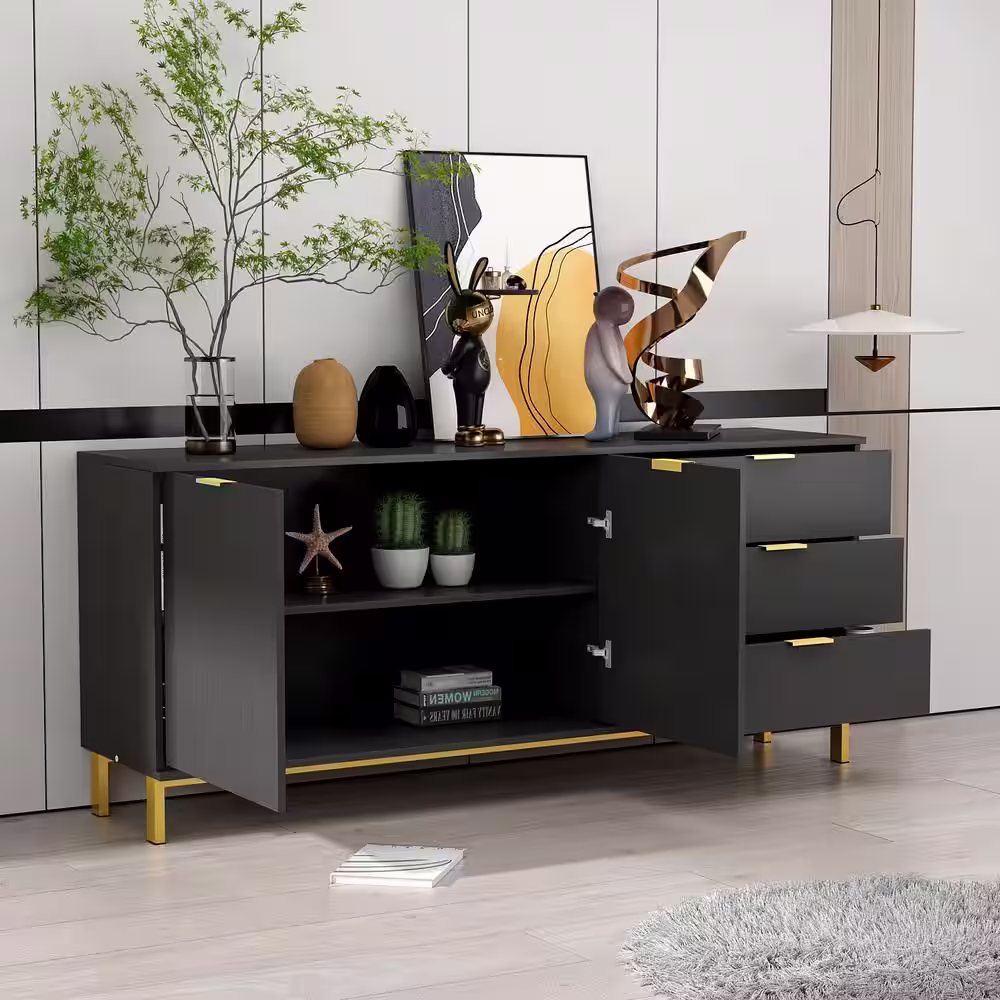 None 62.9 in. Black Wood Storage Cabinet Kitchen Cabinet with 2-Doors, 3-Drawers and Shelf