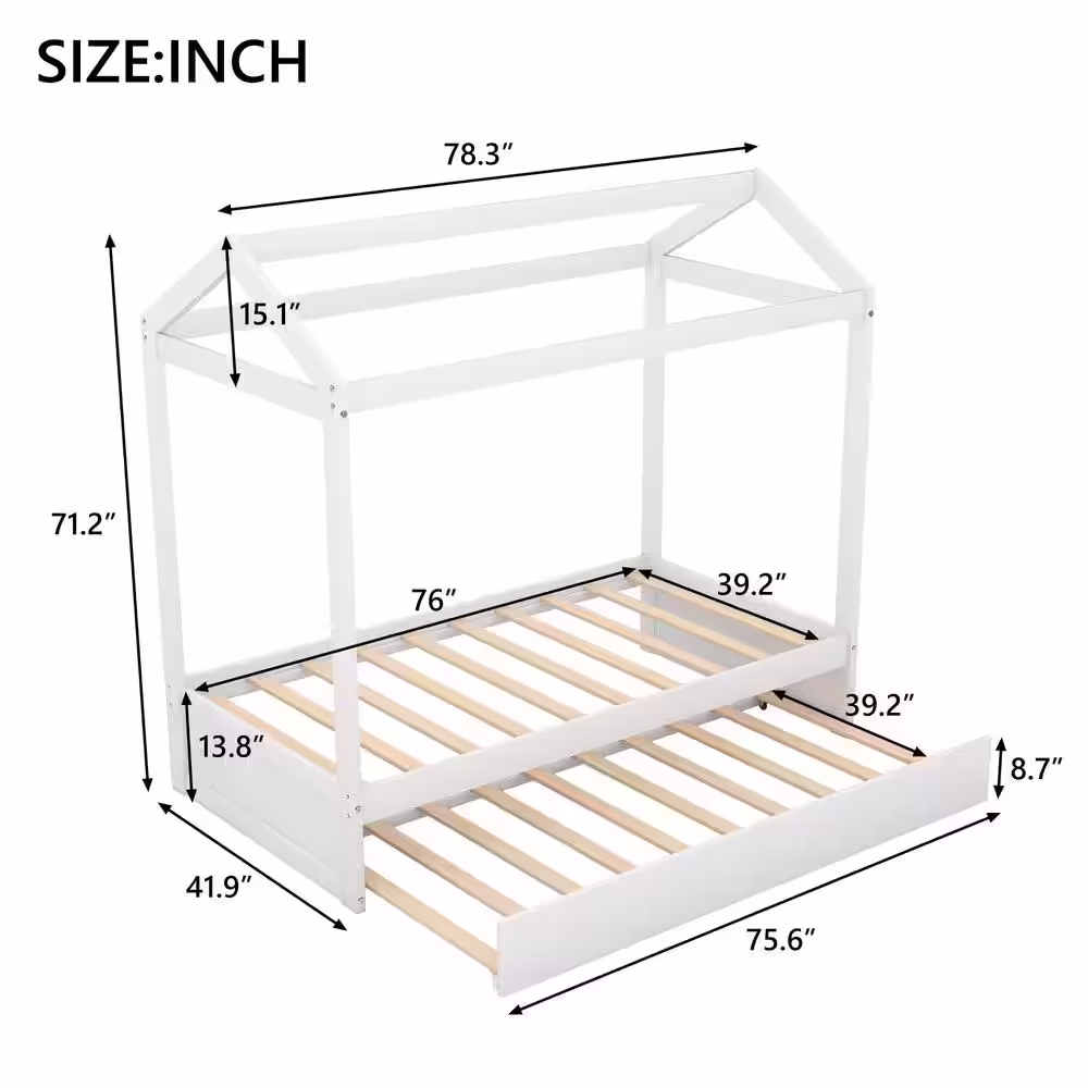 Harper & Bright Designs White Twin Size House Bed with Trundle