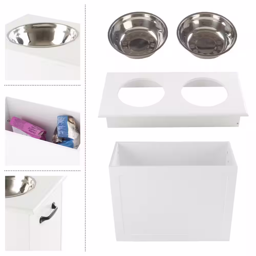 Petmaker 50 oz. 16 in. Tall Stainless Steel MDF and Elevated Dog Bowls with Storage, White