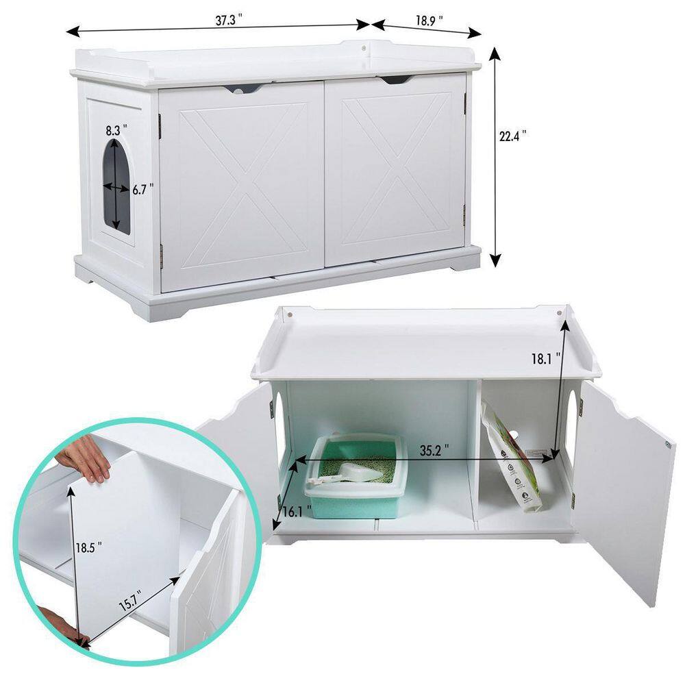 None Cat Washroom Bench, Wood Litter Box Cover with Spacious Inner