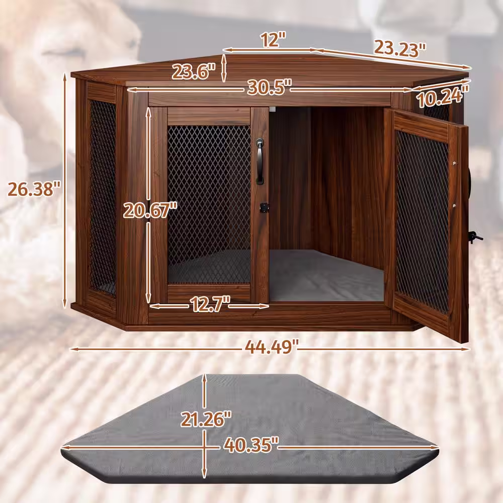 None Furniture Corner Dog Crate, Medium Small Dog Kennel Indoor Use, Pet Corner Crate with Cushion for Limited Room, Walnut