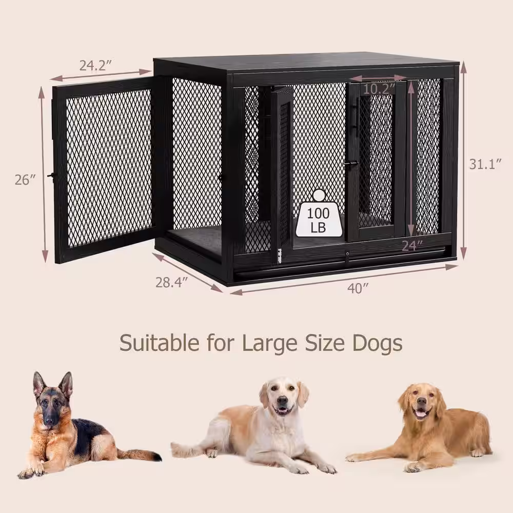 None Wooden Dog Crate Furniture, Dog Kennel with Cushion, Heavy-Duty Dog Cage House for Large Medium Dogs, Size L, Black