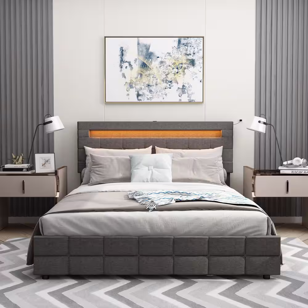 None Gray Wood Frame Queen Size Bed Platform Bed With 4-Drawers, Color-Changing LED Lights, Bluetooth, Adjustable Headboard