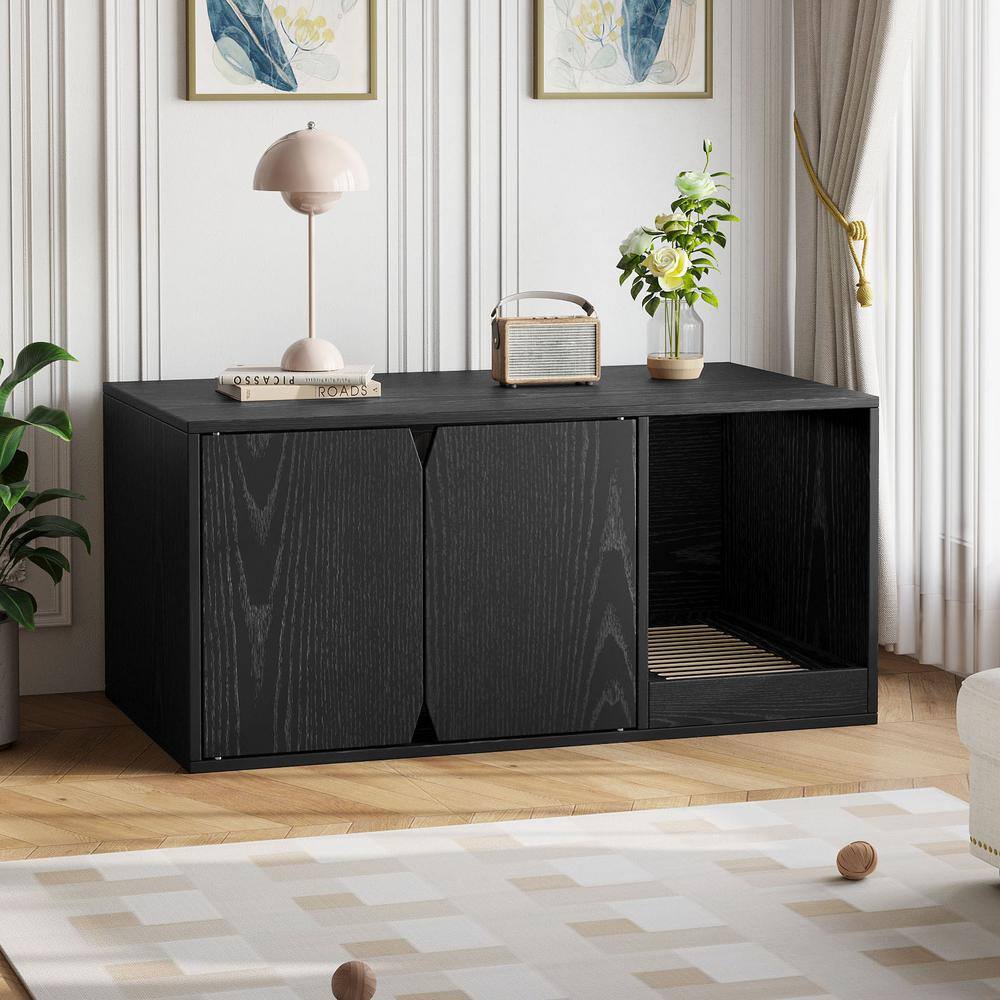 None Cat Hidden Litter Box Enclosure Cabinet, Indoor Modern Wood Large Stackable Cat Washroom Storage Cabinet, Black