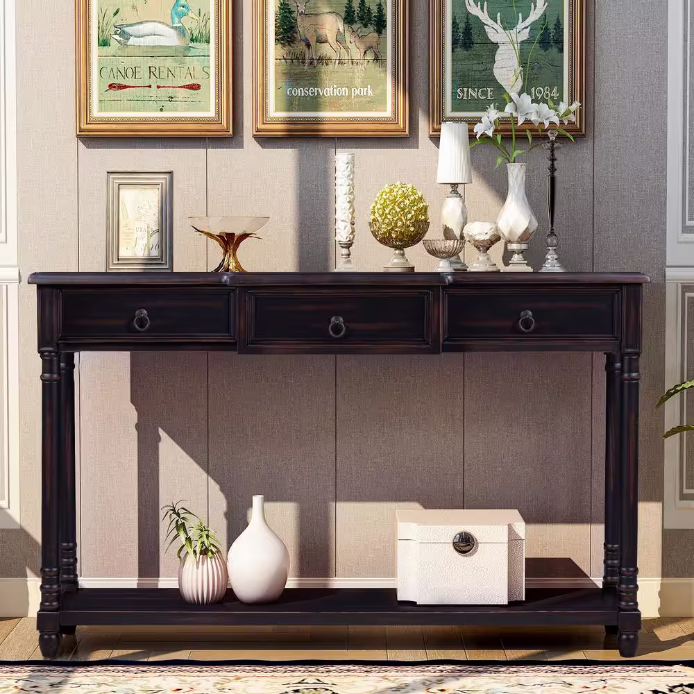 Polibi 51.57 in. Espresso Rectangle Shape Solid Wood Console Table with Projecting Drawers and Long Shelf