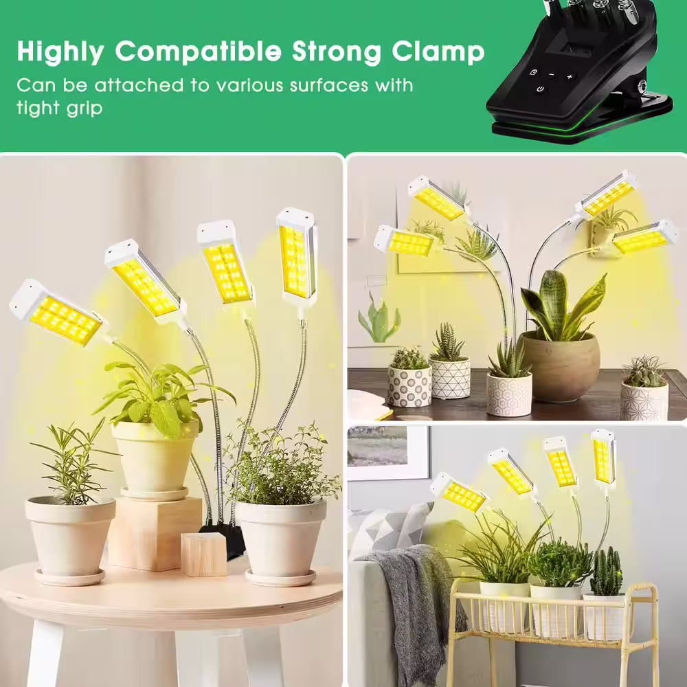 YANSUN 4-Light 96-Watt Full Spectrum LED Grow Light with Adjustable Gooseneck and Desk Clip