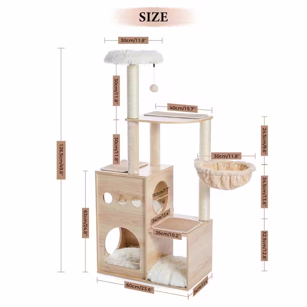 None Modern Luxury Cat Tree Wooden Multi-Level Cat Tower Cat Sky Castle Hammock and Interactive Dangling Ball