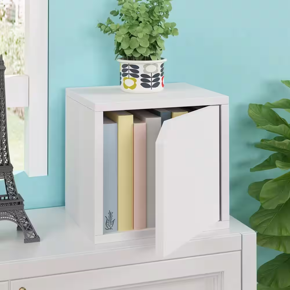 Way Basics 12.6 in. H x 13.4 in. W x 11.2 in. D White Eco Stackable Storage Cube Organizer with Door