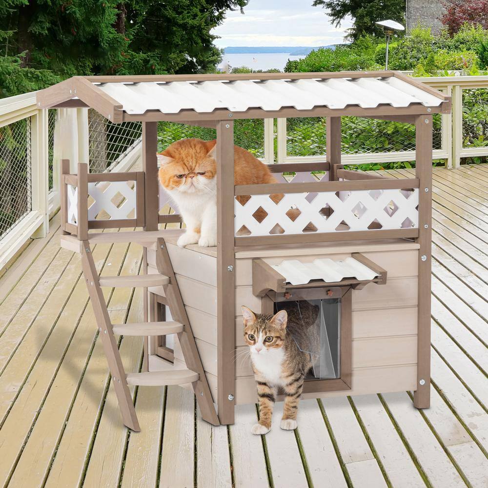 None Feral Cat Hous Kitty Houses with Durable PVC Roof Escape Door Curtain and Stair 2 Story Design Perfect for Multi Cats