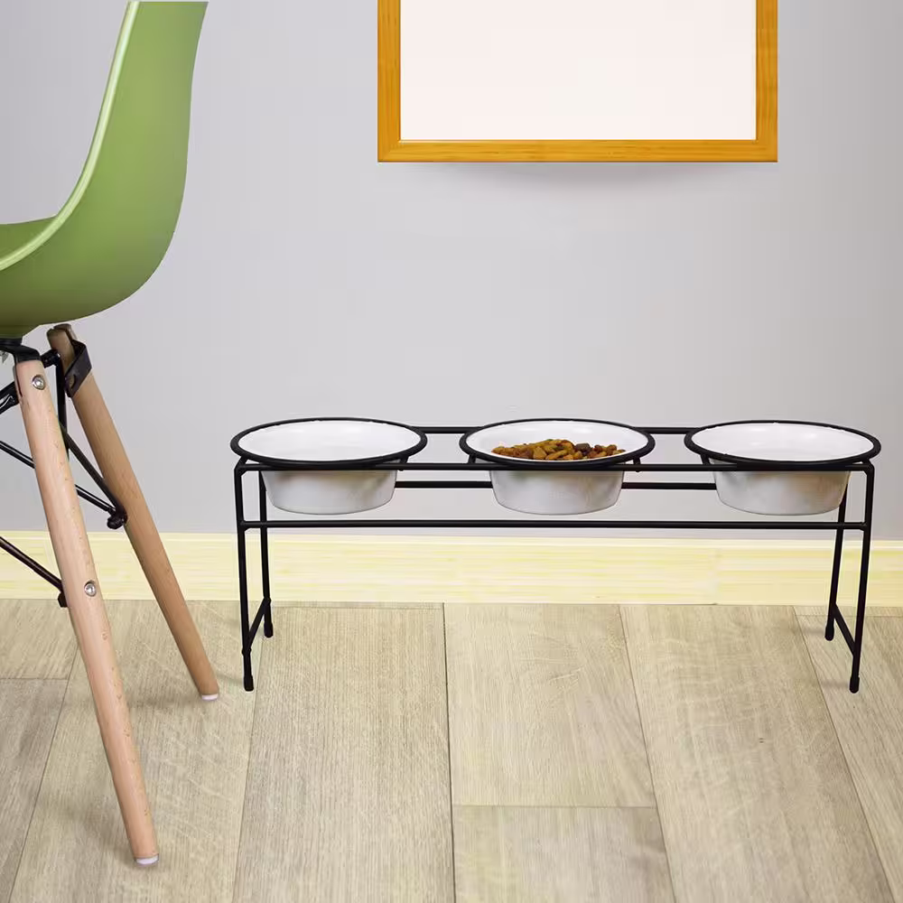 Platinum Pets Modern Triple Diner Feeder with Stainless Steel Cat/Dog Bowls, Pearl White