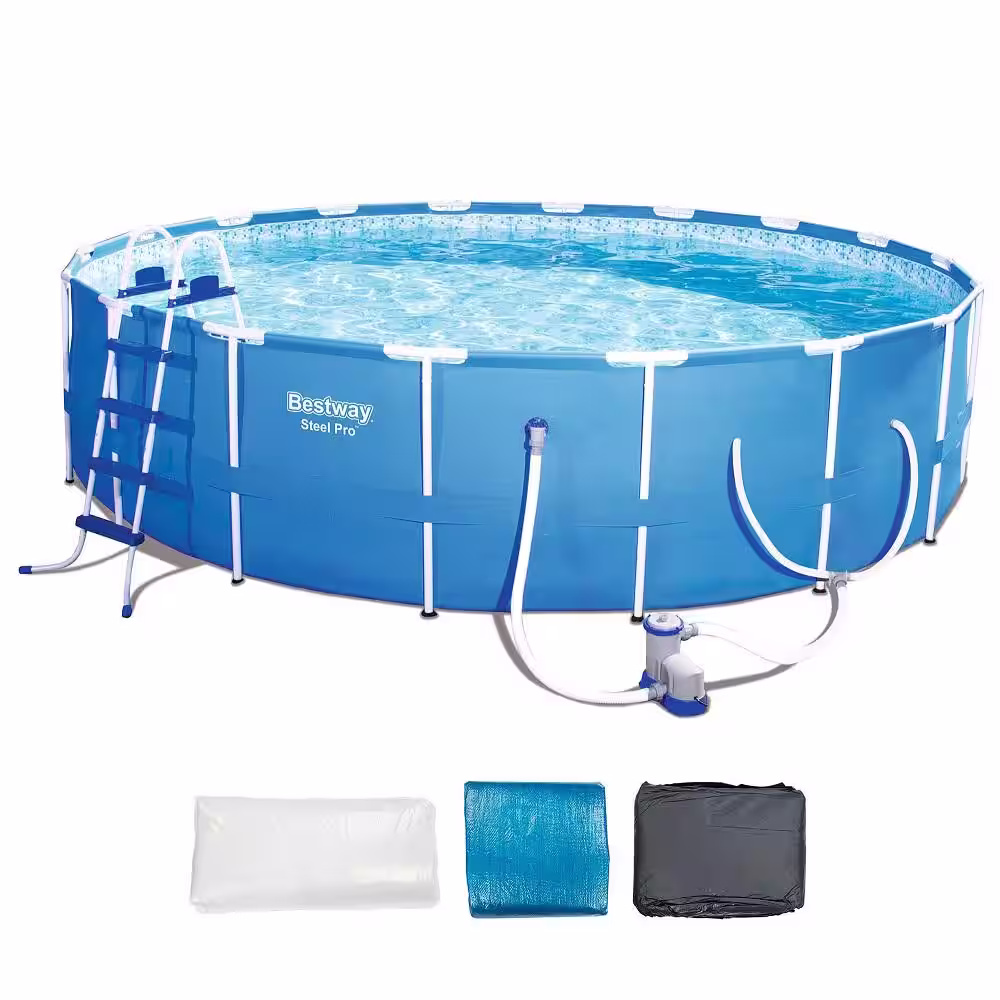 Bestway 48 in. x 48 in. Round 18 ft. Steel Pro Hard Side Frame Deep Above Ground Pool Set with Accessories