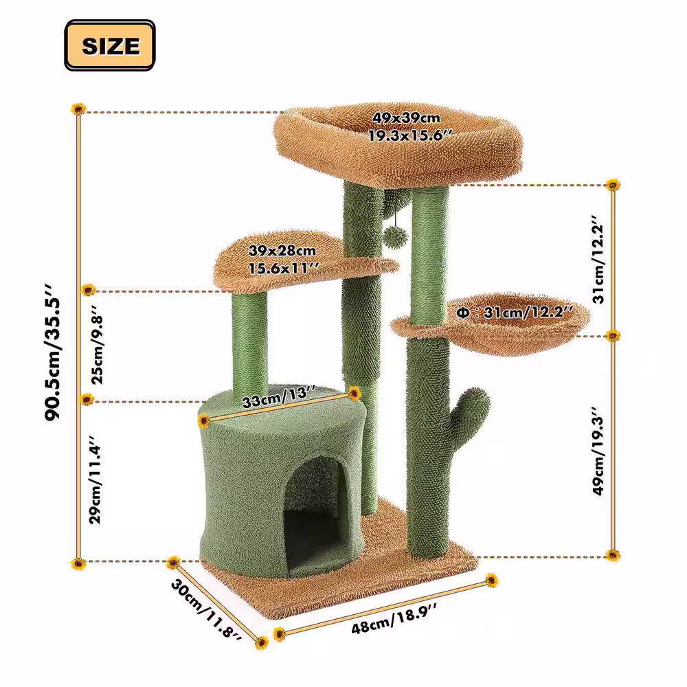 None Cactus Cat Tree Cat Tower with Sisal Covered Scratching Post, Cozy Condo, Plush Perches and Fluffy Balls