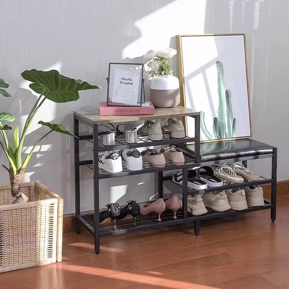 None 26.8 in. H 10-Pair Black Wood Shoe Rack