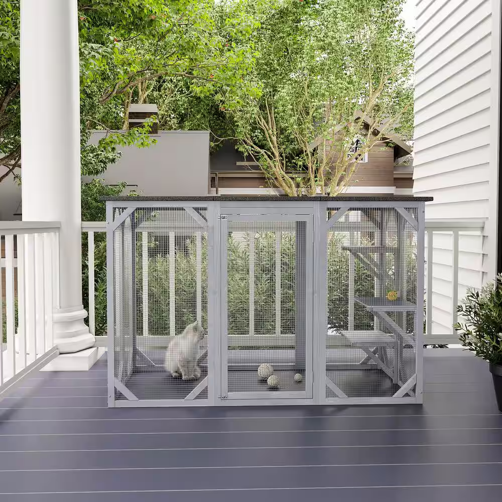 PawHut 71 in. L Grey Wooden Outdoor Cat House with Asphalt Roof, Multi-Level Platforms, and Large Enter Door
