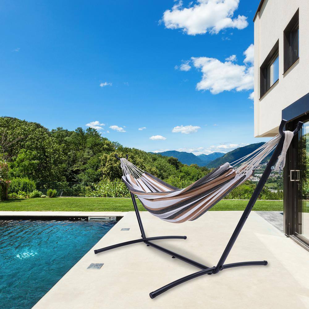 None 9.3 ft. Free Standing Hammock Bed Hammock with Stand in Brown Gray Striped
