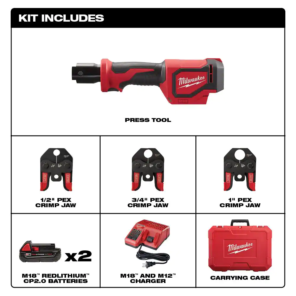 Milwaukee M18 18- volt Lithium-Ion Cordless Short Throw Press Tool Kit with 3 PEX Crimp Jaws with M12 PVC Shear Kit