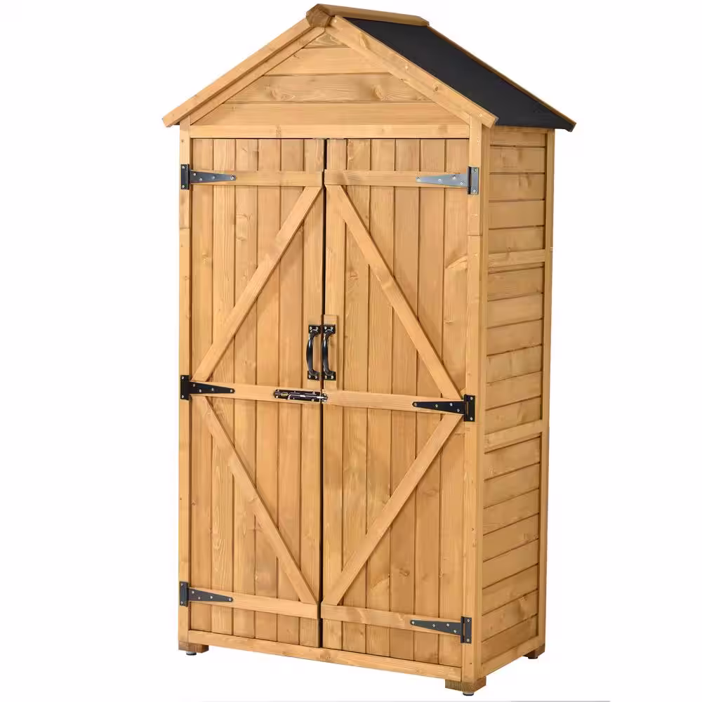 None 3 ft. W x 1.8 ft. D Wood Shed With Waterproof Asphalt Roof Lockable Doors 3-Tier Shelves Natural(5.5 sq. ft.)