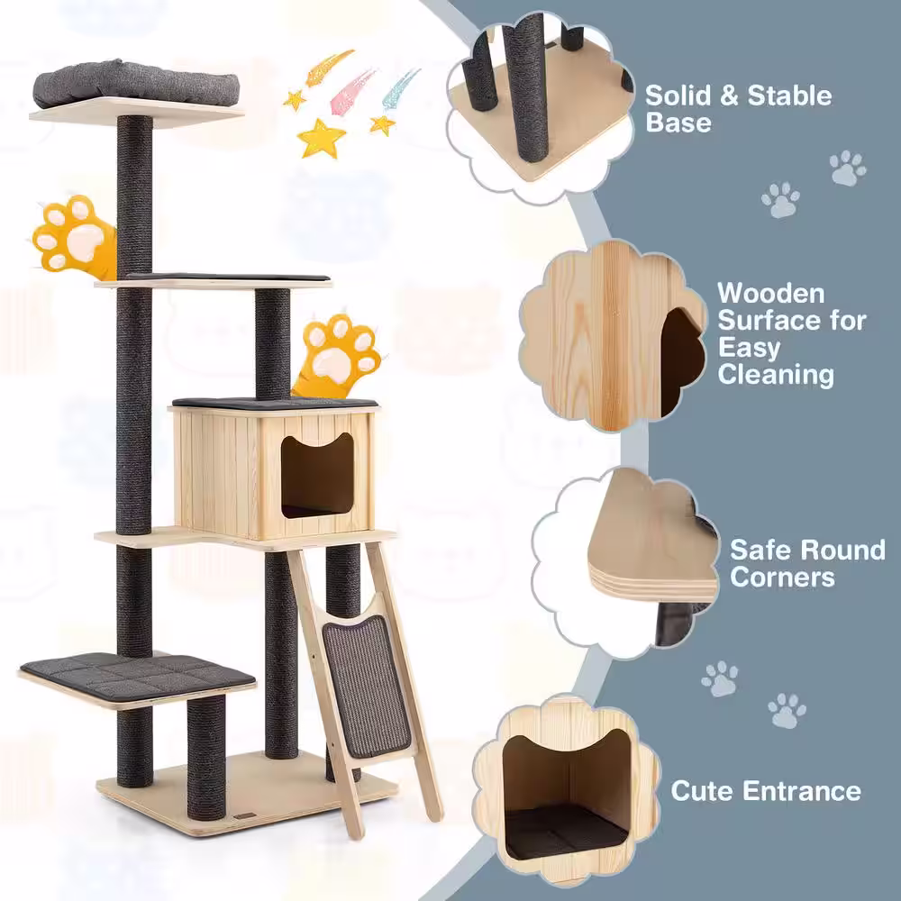 ANGELES HOME Gray Wood 5-Tier Modern Wood Cat Tower with Washable Cushions