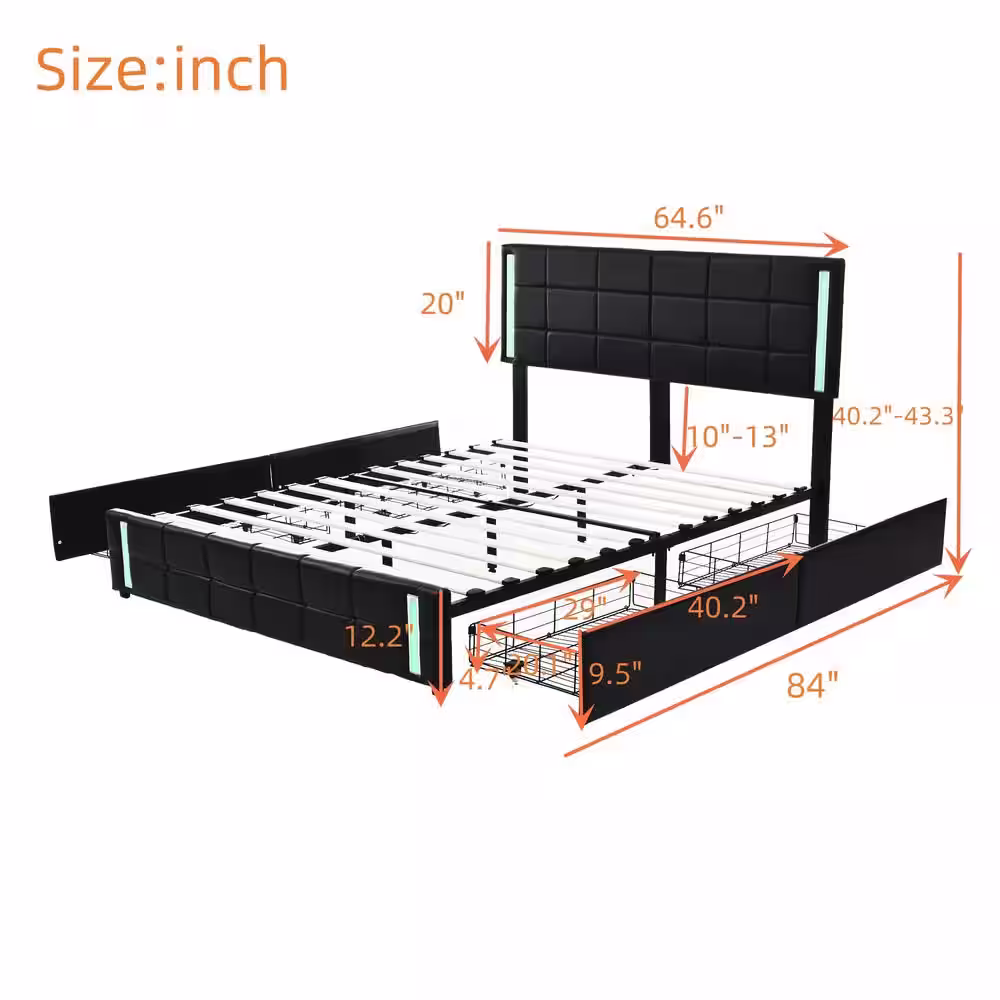 Harper & Bright Designs Black Wood Frame Queen Size Faux Leather Platform Bed with Adjustable Headboard, LED Lights, USB Chargers and 4 Drawers