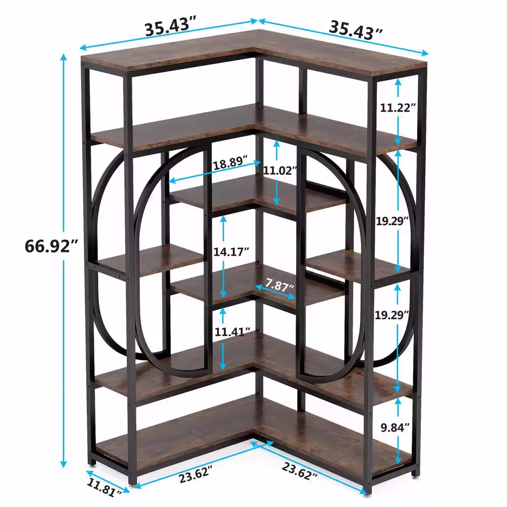 None Eulas 35.43 in. Wide Rustic Brown 14 shelf Industrial L-Shaped Corner Bookcase with Open Back