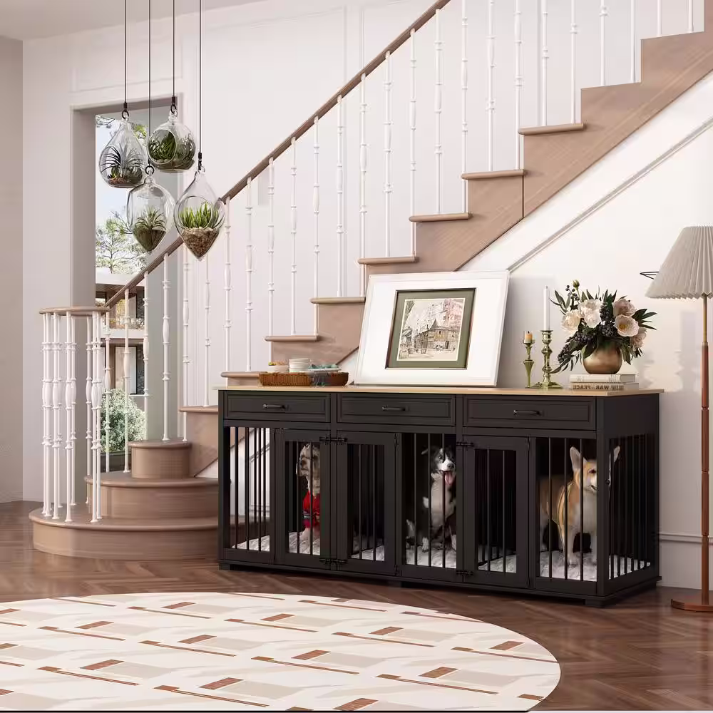 None XL Dog Crate Furniture for 3-Dogs, Large Wooden Dog Kennel with 3-Drawers, Wooden Doghouse Cage with 2-Dividers, Black