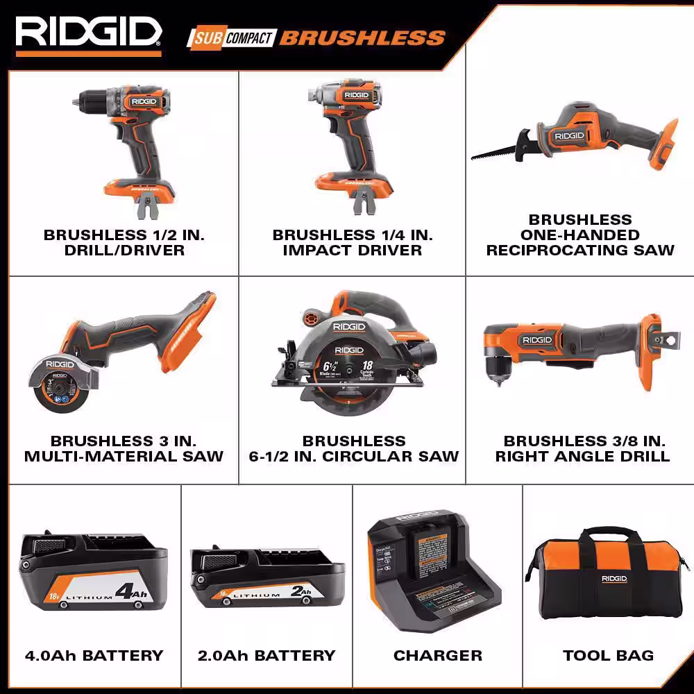 RIDGID 18V SubCompact Brushless Cordless 6-Tool Combo Kit with 2.0 Ah Battery, 4.0 Ah Battery, Charger, and Bag