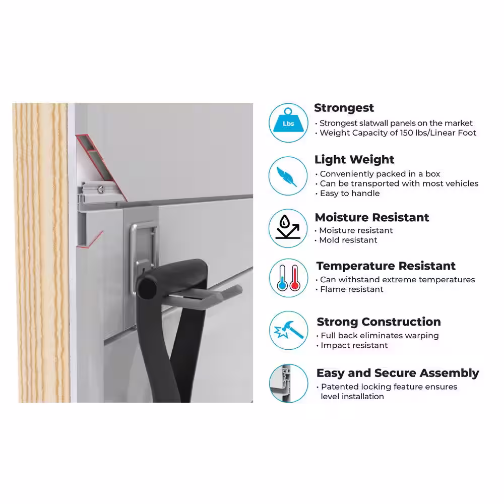 CROWNWALL Super Bundle 48 in. H x 96 in. W Slatwall Kit in White PVC 64 sq. ft. with 25-Piece Accessory Kit