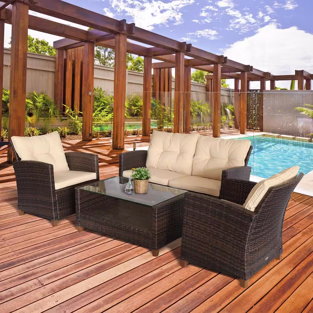 Outsunny Brown 4-Piece Iron Plastic Rattan Patio Furniture Set with Beige Cushions, 2-Single Chairs, Double Sofa and Tea Table