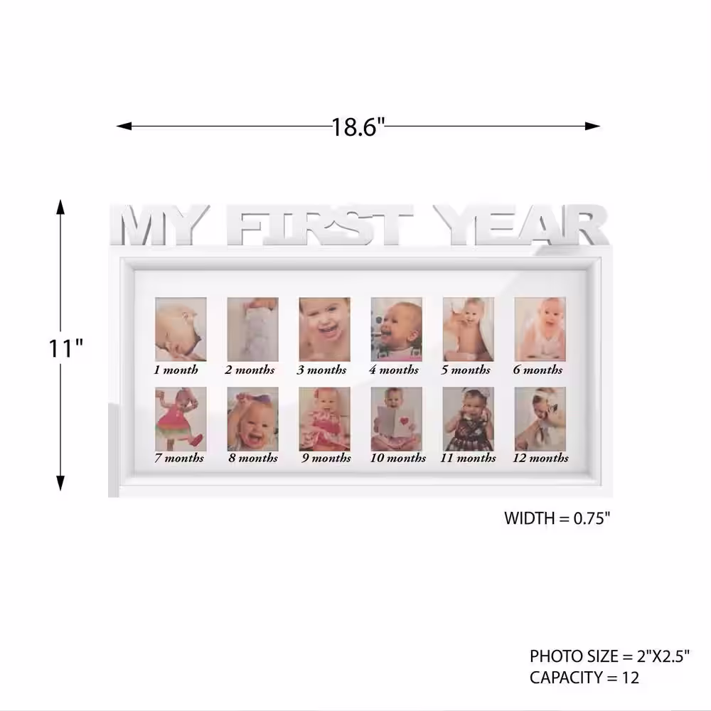 Lavish Home 12-Opening 2 in. x 3 in. My First Year White Picture Frame Collage