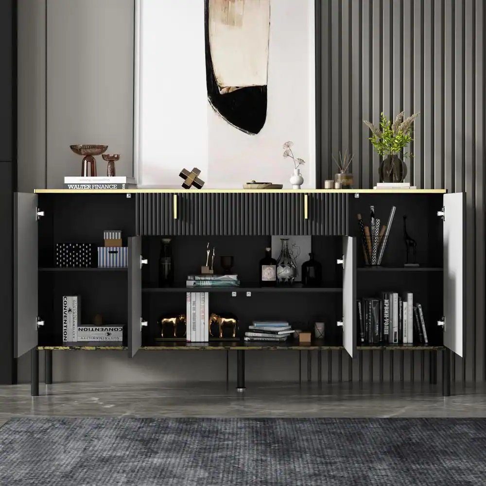 None Black Wavy Paint Finish 1-Touch Doors Accent Storage Cabinet With Adjustable Shelves and 2-Drawers