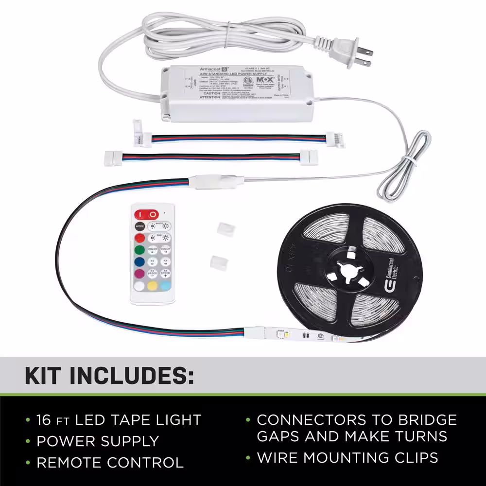 Commercial Electric 16 ft. LED White and RGB Tape Light Kit- Under Cabinet Light