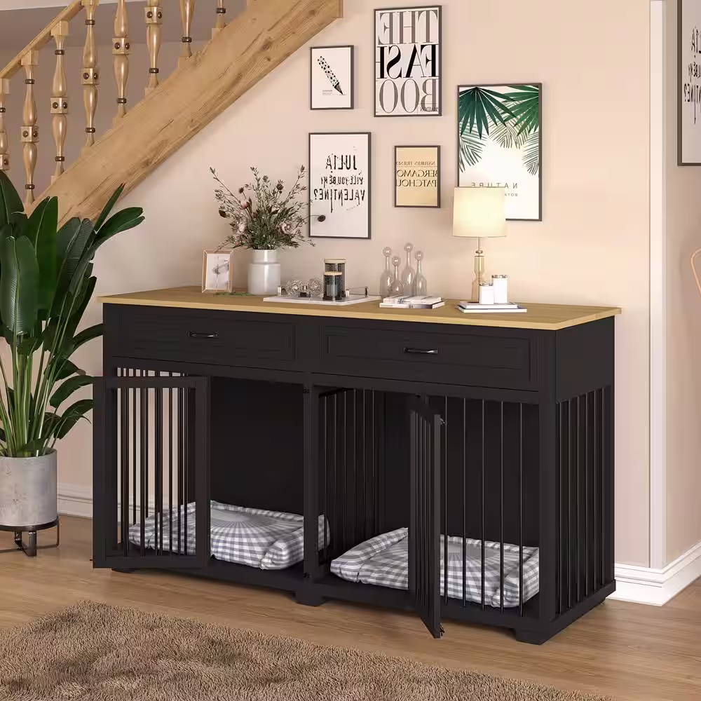 None Black Large Dog Crate Furniture, Wood Dog Crate Kennel with 2-Drawers and Divider, Heavy-Duty Dog Crates Cage Furniture