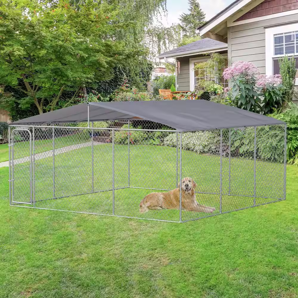 PawHut Silver Galvanized Steel Dog Kennel with Cover Secure Lock Mesh Sidewalls